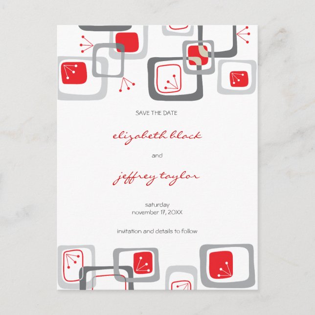 Carte Postale Faire-part Red Retro Cherry Carrés Mod Art Enregistrer La Dat (Devant)