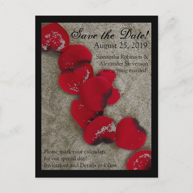 Carte Postale Faire-part Red Rose Petals Sand Beach Wedding Sauvez la date (Devant)