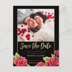 Carte Postale Faire-part Red Roses Black & Gold Parties scintillant Enregis