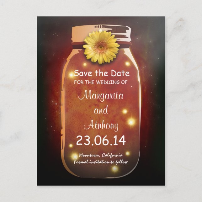 Carte Postale Faire-part Red Rustic Whimsical Mason Jar Enregistrer la date (Devant)