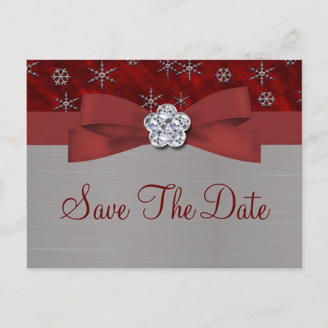 Carte Postale Faire-part Red Velour & Silver Snowflakes Économisez La Date  (Devant)