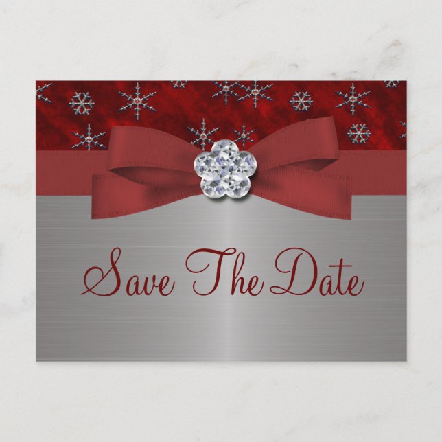 Carte Postale Faire-part Red Velour & Silver Snowflakes Enregistrer la date (Devant)
