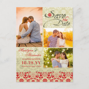 Carte Postale Faire-part Red Vintage Damask Lace Photo Enregistrer la date