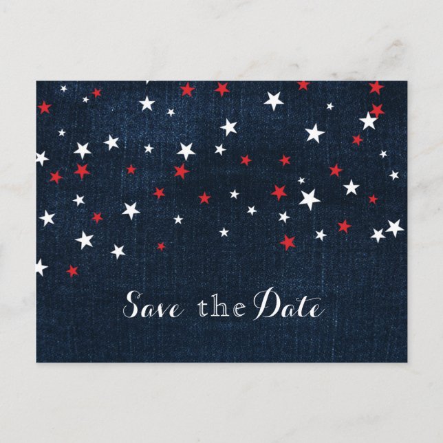 Carte Postale Faire-part Red White & Blue Stars Denim Save the Date Party (Devant)
