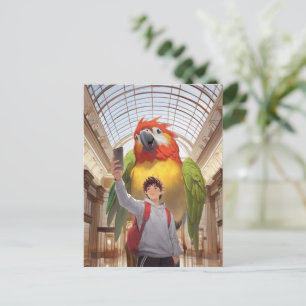 Carte Postale Faire-part Regard de musée : Selfie de perroquet ara rouge gé