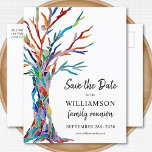 Carte Postale Faire-part Regroupement familial de l'arbre généalogique Enre<br><div class="desc">Demandez à votre famille de sauvegarder la date de leur réunion de famille avec cette carte postale élégante. Il dispose d'un arbre généalogique coloré, qui a été fabriqué à l'origine en mosaïque de verre. Facilement personnalisable avec vos détails. Utilisez l'option Personnaliser supplémentaire pour modifier la taille, le style ou la...</div>