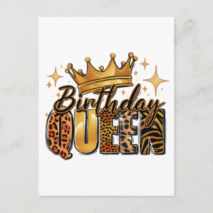 Carte Postale Faire-part Reine d'anniversaire avec léopard à couronne dorée