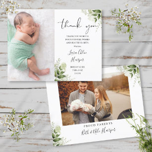 Carte Postale Faire-part Remerciement de naissance Baby 2 Photos Verdure Fl
