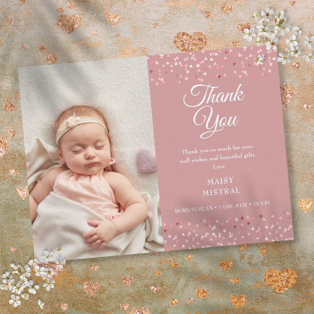 Carte Postale Faire-part Remerciement de naissance de bébé fille avec photo (Baby Girl Photo Love Hearts Script Thank You Birth Announcement Postcard)