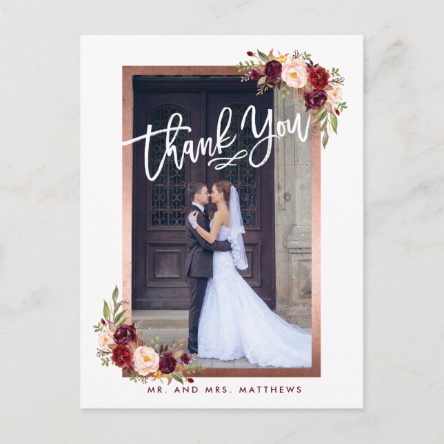 Carte Postale Faire-part Remerciements de mariage photo chic floral Bourgog (Devant)