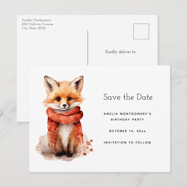 Carte Postale Faire-part Renard mignon en écharpe rouge (Devant / Derrière)