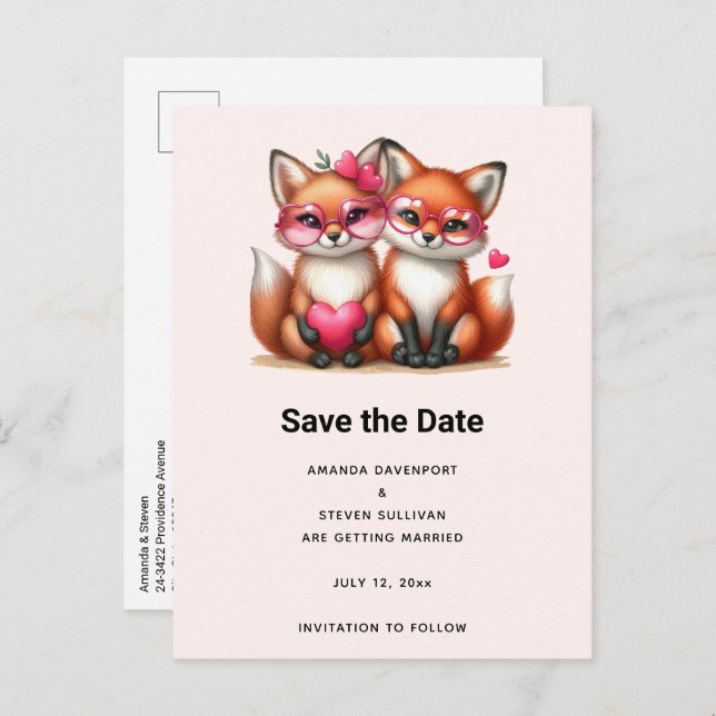 Carte Postale Faire-part Renards orange mignons en amour Mariage (Devant / Derrière)