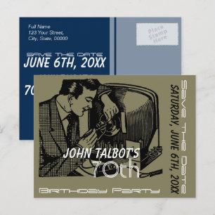 Carte Postale Faire-part Réparateur de télé vintage 70e anniversaire Enregi