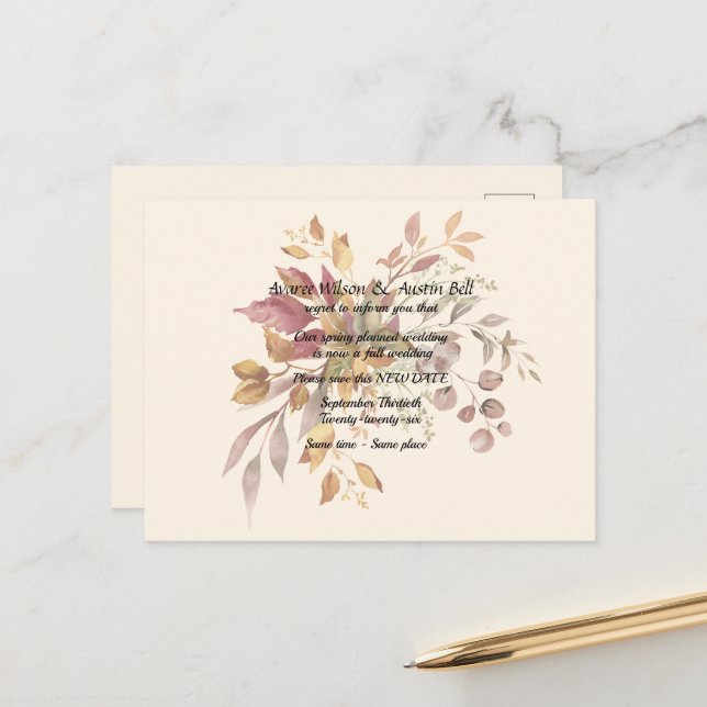 Carte Postale Faire-part Report de mariage Couleurs d'automne (Devant/Arrière en situation)