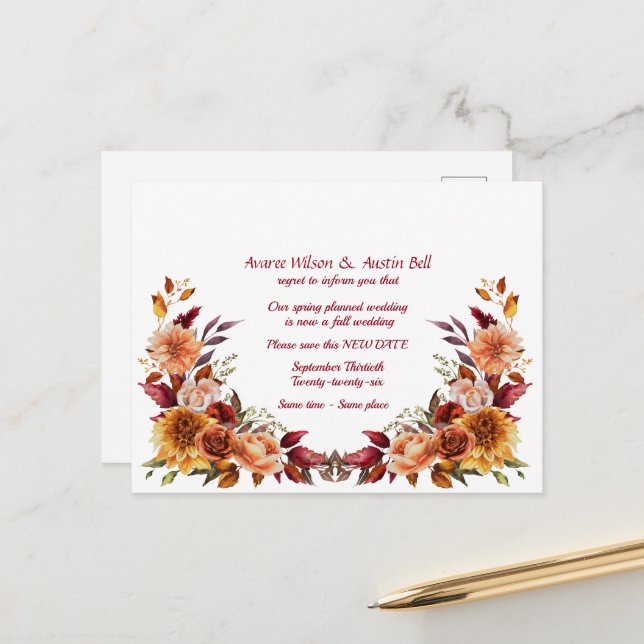 Carte Postale Faire-part Report de mariage Couleurs d'automne (Devant/Arrière en situation)