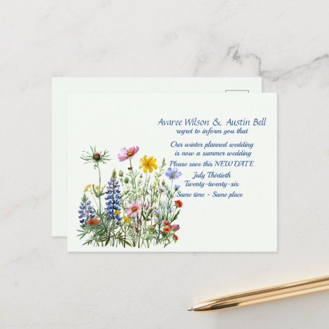 Carte Postale Faire-part Report de mariage Couleurs d'été (Devant/Arrière en situation)