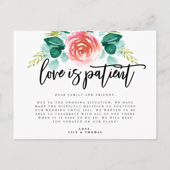 Carte Postale Faire-part Report de mariage par amour patient (Devant)