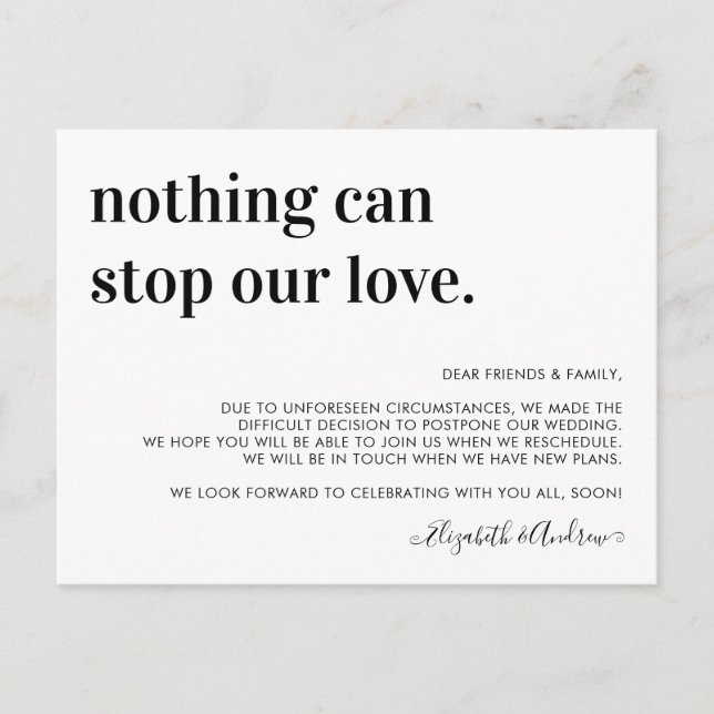 Carte Postale Faire-part Report de mariage, rien n'arrête l'amour (Devant)