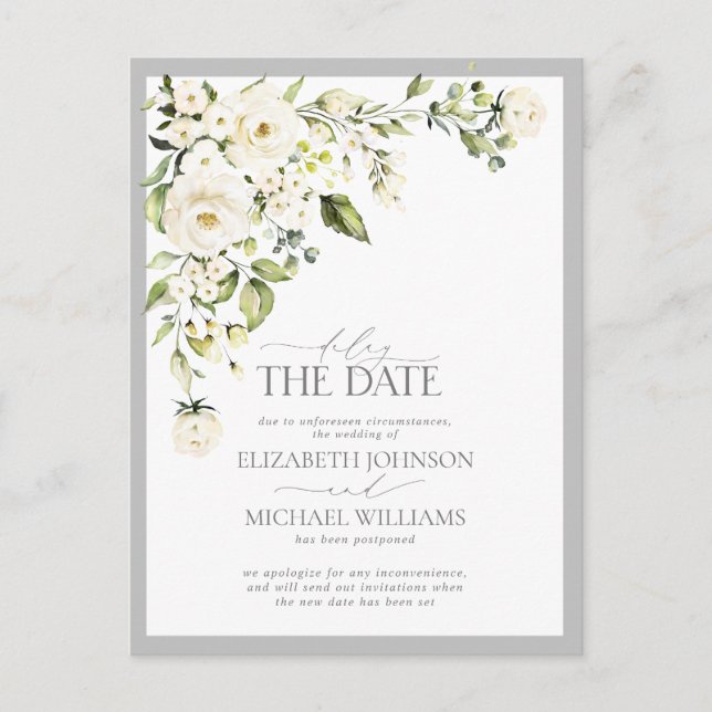 Carte Postale Faire-part Retarder la date Blanc Floral Mariage (Devant)
