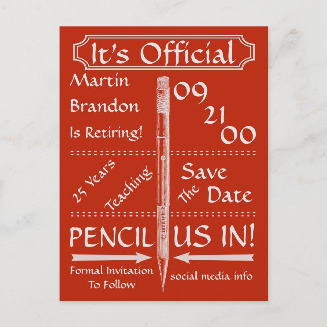 Carte Postale Faire-part Retraite rouge vintage Enregistrer la date (Devant)
