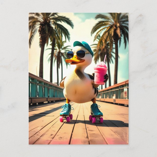 Carte Postale Faire-part Retro Summer Funny Roller Duck  (Devant)