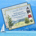 Carte Postale Faire-part Réunion familiale Enregistrer la date Phare Code Q<br><div class="desc">Carte d'aquarelle de charme annonçant la réunion de famille avec cette carte postale Enregistrer la date. Informations sur le dos pour inclure le site de réunion et le code QR du site Web, si désiré. Pour toute demande spéciale ou question de design, envoyez un conversation ou un courriel à charmdesignstudio@rcn.com...</div>