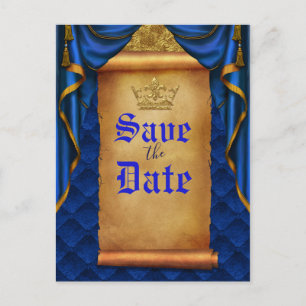 Carte Postale Faire-part Rideaux dorés Bleu Royal Scroll Mariage Enregistre