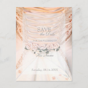 Carte Postale Faire-part Robe de mariée blanche avec Roses SAVE LA DATE