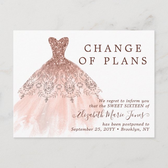 Carte Postale Faire-part Robe Rose Gold Sweet 16 Anniversaire Changement de (Devant)