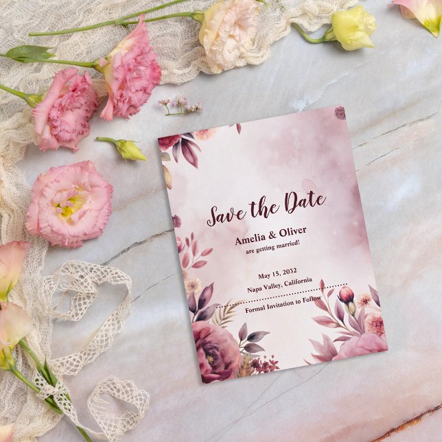 Carte Postale Faire-part Romantic Floral Botanical Wedding Save the Date (Blush Floral Wedding Announcement Postcard | Elegant Watercolor Botanical Wedding Card)