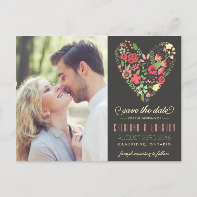 Carte Postale Faire-part Romantique Floral Heart Photo Enregistrer la date  (Devant)