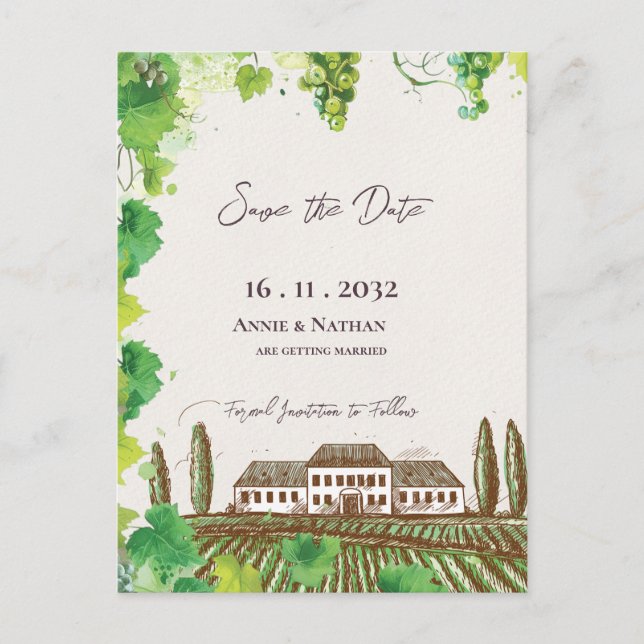 Carte Postale Faire-part Romantique Grapevine Vin Pays Vignoble Mariage (Devant)