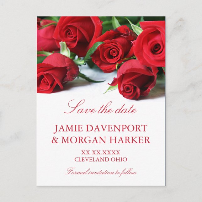 Carte Postale Faire-part Romantique Roses Rouges Mariage Enregistrer la dat (Devant)