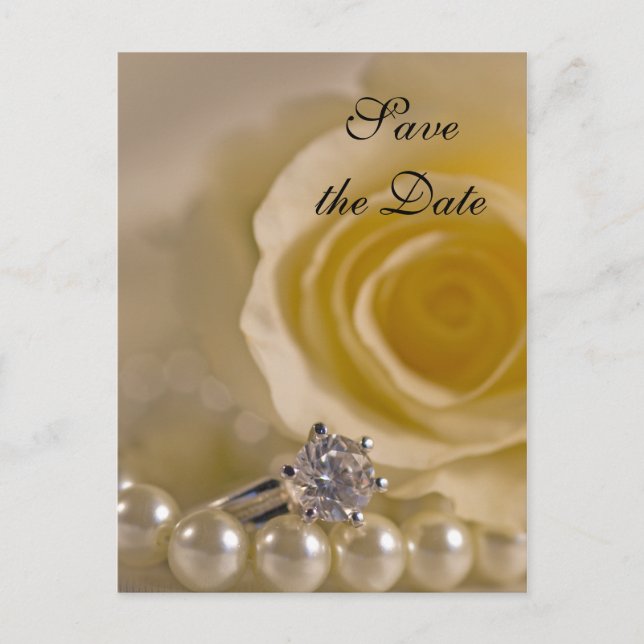 Carte Postale Faire-part Rose Blanche et Perles Mariage Enregistrer la Date (Devant)