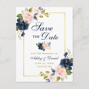 Carte Postale Faire-part Rose Blush Blue Floral Elegant Gold Enregistrer la