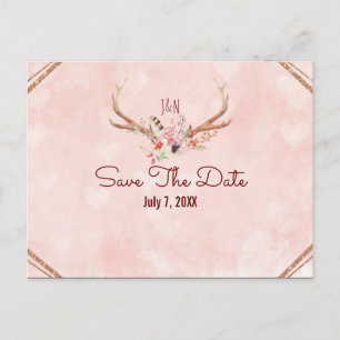 Carte Postale Faire-part Rose Blush Rose Floral Deer Antlers Enregistrer La