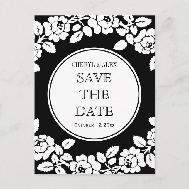 Carte Postale Faire-part Rose bordure noir blanc mariage Enregistrer la dat (Devant)