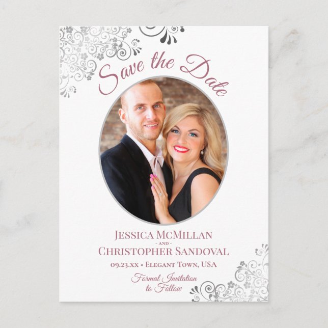 Carte Postale Faire-part Rose de dentelle d'argent Mariage blanc Enregistre (Devant)