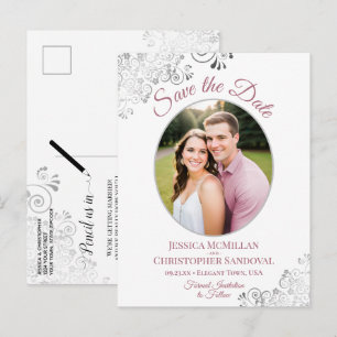Carte Postale Faire-part Rose de dentelle d'argent Mariage blanc Enregistre
