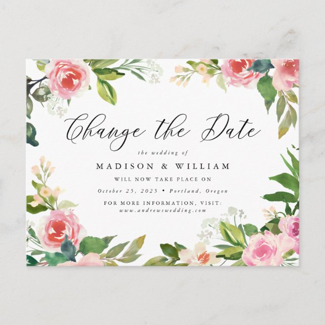 Carte Postale Faire-part Rose Foncé Floral Change la Date (Devant)