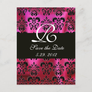 Carte Postale Faire-part ROSE FUCHSIA NOIR DAMAS TISSU MONOGRAMME , blanc