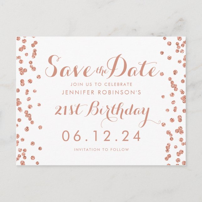 Carte Postale Faire-part Rose Gold 21e Anniversaire Enregistrer La Date Con (Devant)