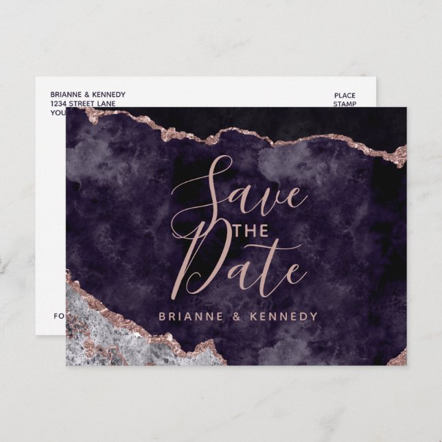 Carte Postale Faire-part Rose Gold Agate Marbre Mauve Save the Date (Devant / Derrière)