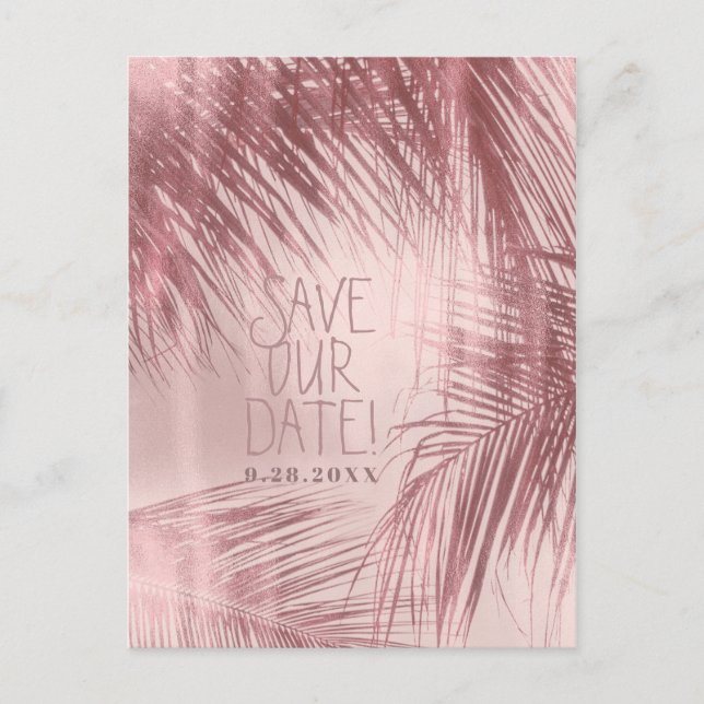 Carte Postale Faire-part Rose Gold Blush Rose Palmiers Enregistrer La Date (Devant)