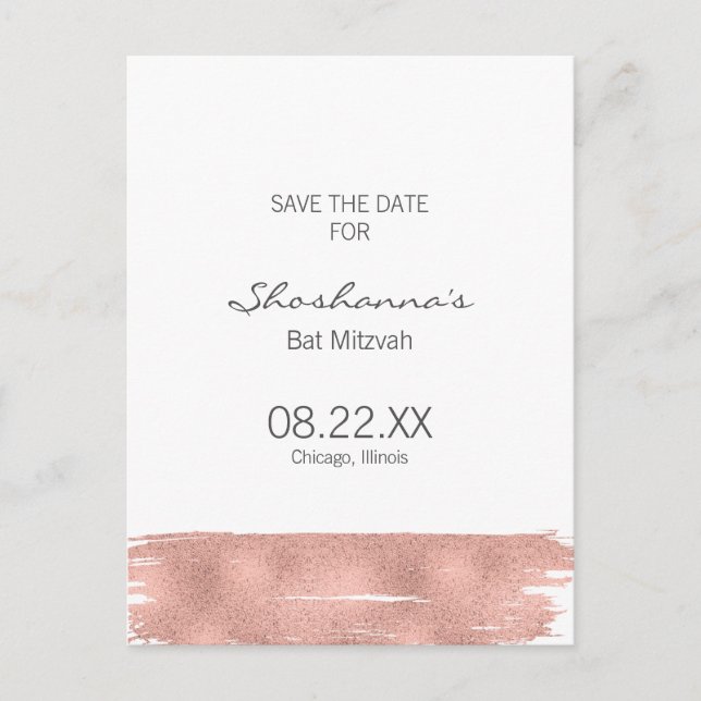 Carte Postale Faire-part Rose Gold Brushstroke Bat mitzvah Enregistrer la d (Devant)