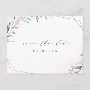 Carte Postale Faire-part Rose Gold Dusty Blue Greenery Enregistrer La Date