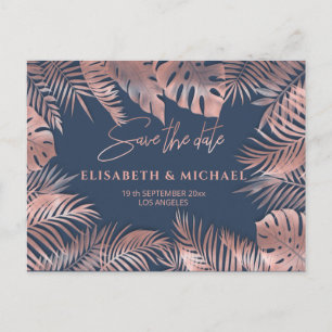 Carte Postale Faire-part Rose gold en feuille de tropicale bleu marine roma