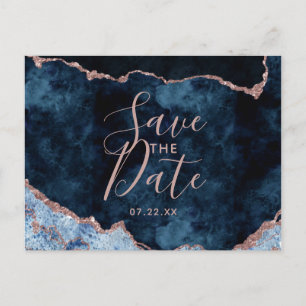 Carte Postale Faire-part Rose Gold et Bleu de Nuit Marbre Save the Date