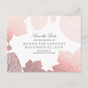 Carte Postale Faire-part Rose Gold Fall Leaves Élégant Enregistrer la date