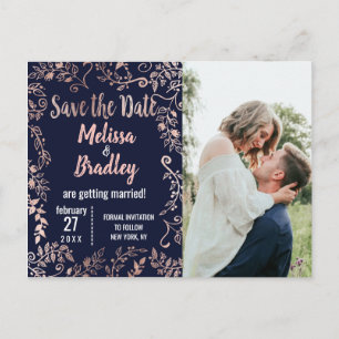 Carte Postale Faire-part Rose Gold Floral Navy Bleu Brush Script Date de sa